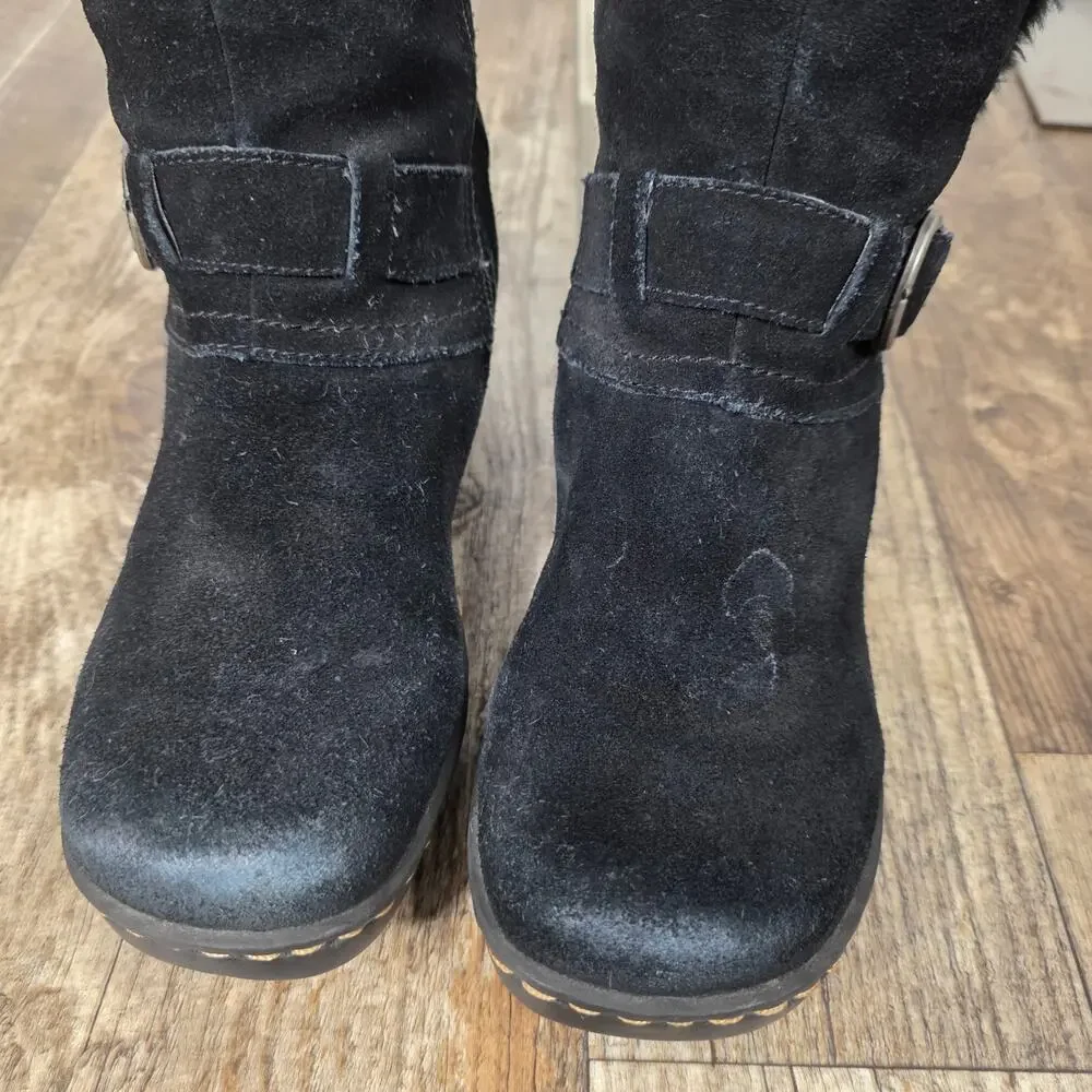 BareTraps Wedge Faux Fur Tall Boots Size 9M Cauchy Black Suede Buckles